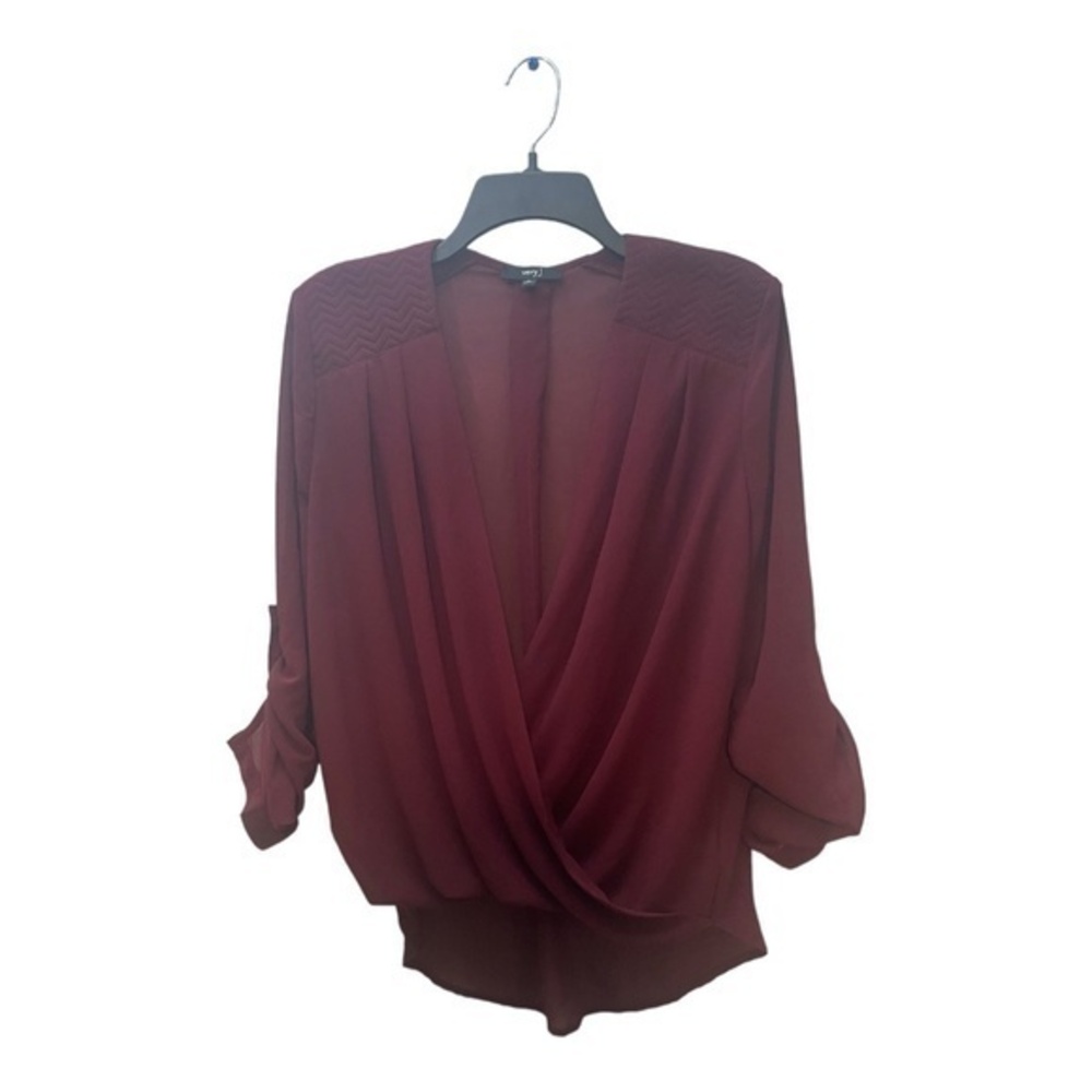 Very J Womens Semi Sheer Chiffon Blouse Roll Tab Sleeve Faux Wrap Size Large